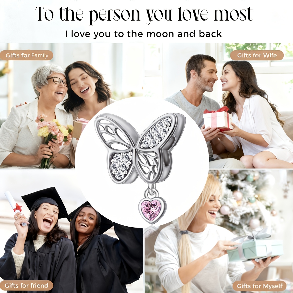 Women's Copper Butterfly Charm with Dangling Pink Heart, Elegant Design